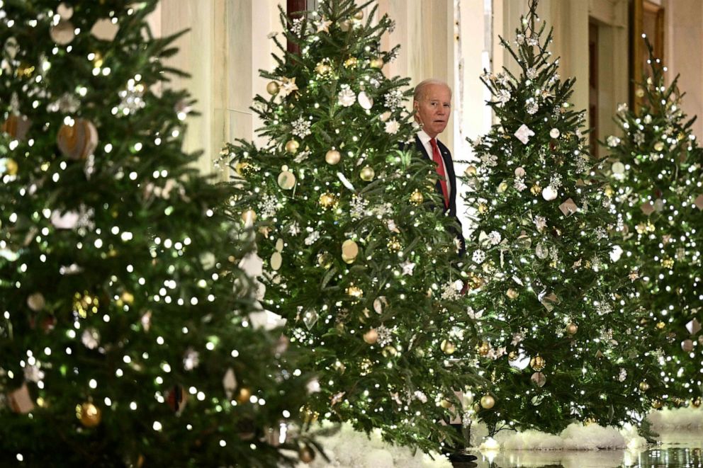 PHOTO: President Joe Biden arrives to deliver a Christmas address from the Cross Hall of the White House in Washington, DC, Dec. 22, 2022.
