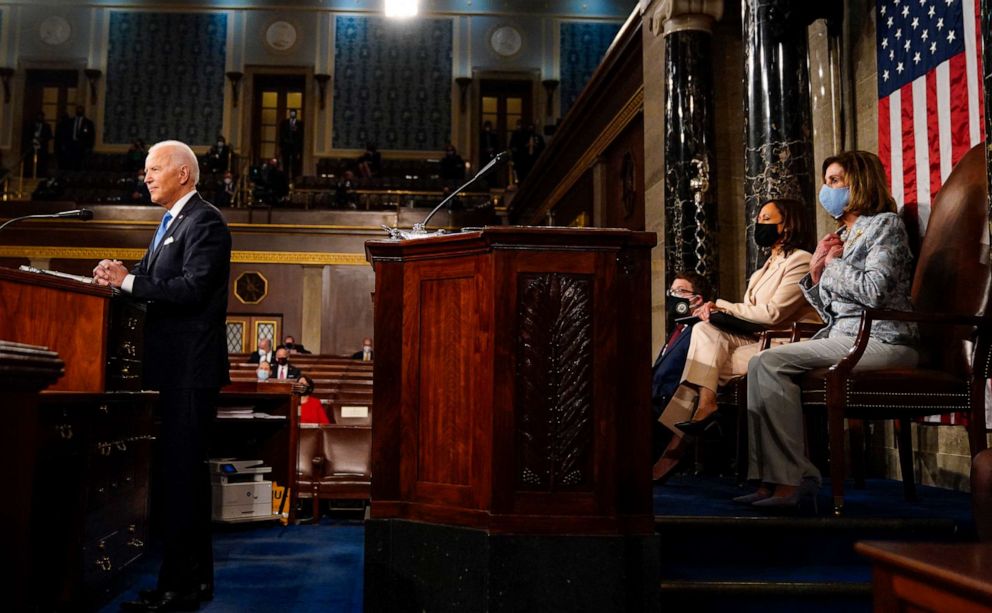 PHOTO: Vice President Kamala Harris and House Speaker Nancy Pelosi listen to President Joe Biden address to a joint session of Congress at the U.S. Capitol in Washington, April 28, 2021.