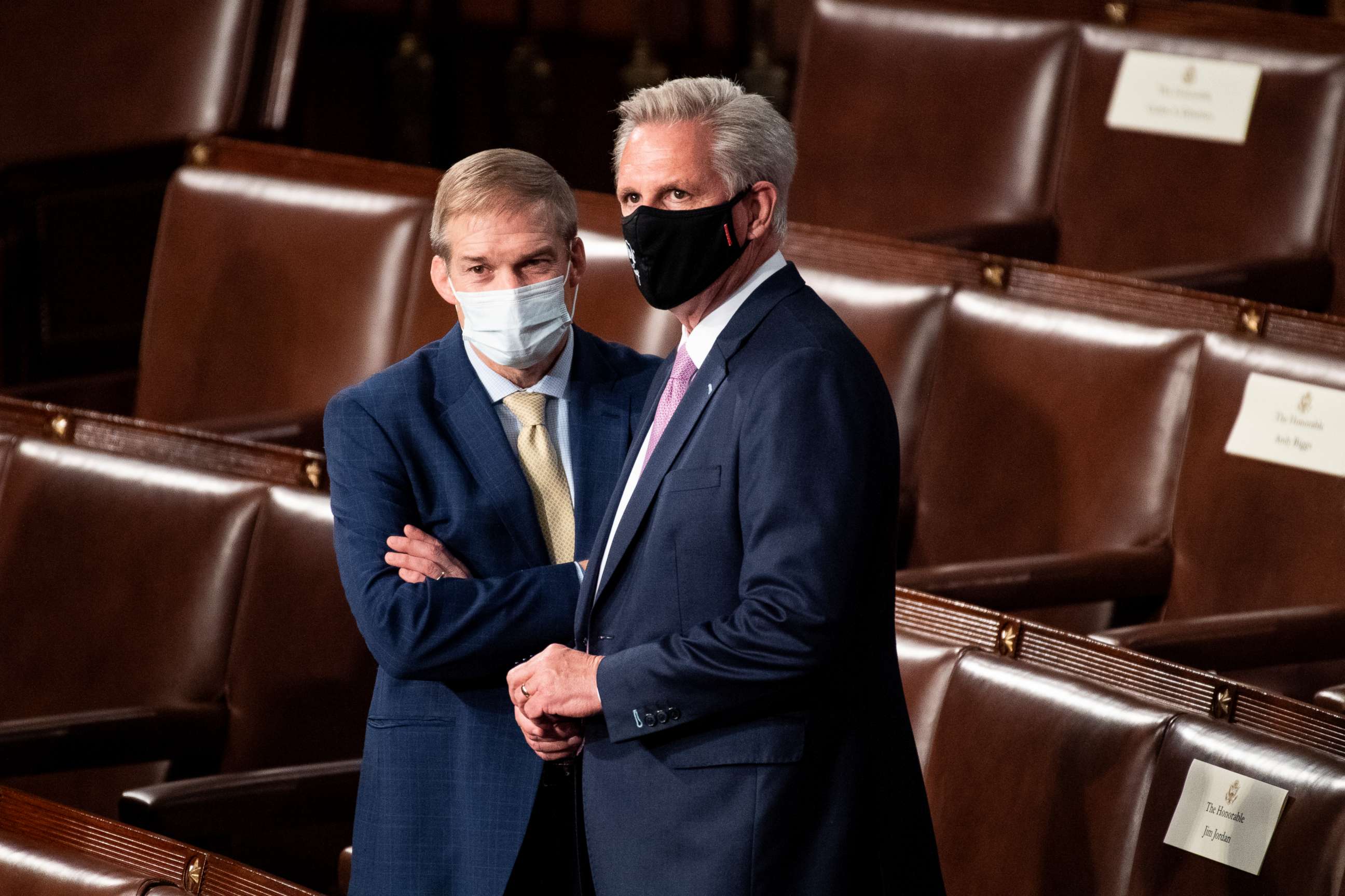 PHOTO: Rep. Jim Jordan and House Minority Leader Kevin McCarthy talk before the start of President Joe Biden's address to the joint session of Congress in the House chamber of the U.S. Capitol, April 28, 2021, in Washington.