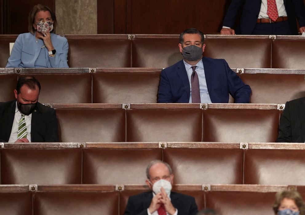 PHOTO: Republican Senators Mike Lee, Shelly Moore Capito, Ted Cruz and Jim Risch listen to President Joe Biden deliver his first address to a joint session of the U.S. Congress inside the House Chamber of the U.S. Capitol in Washington, April 28, 2021.