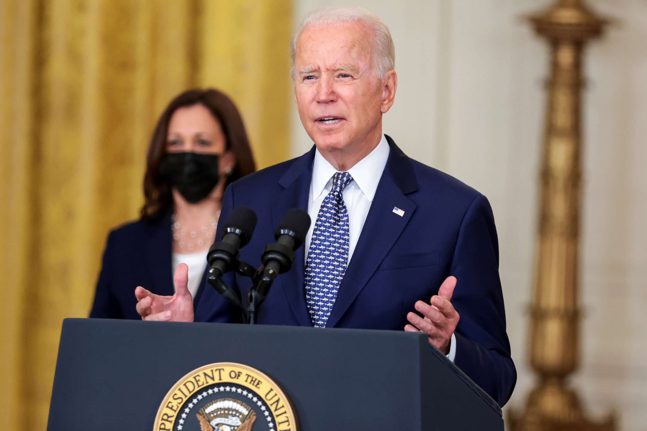 PHOTO: President Joe Biden speaks in the East Room of the White House with Vice President Kamala Harris, Washington, Aug. 10, 2021. 