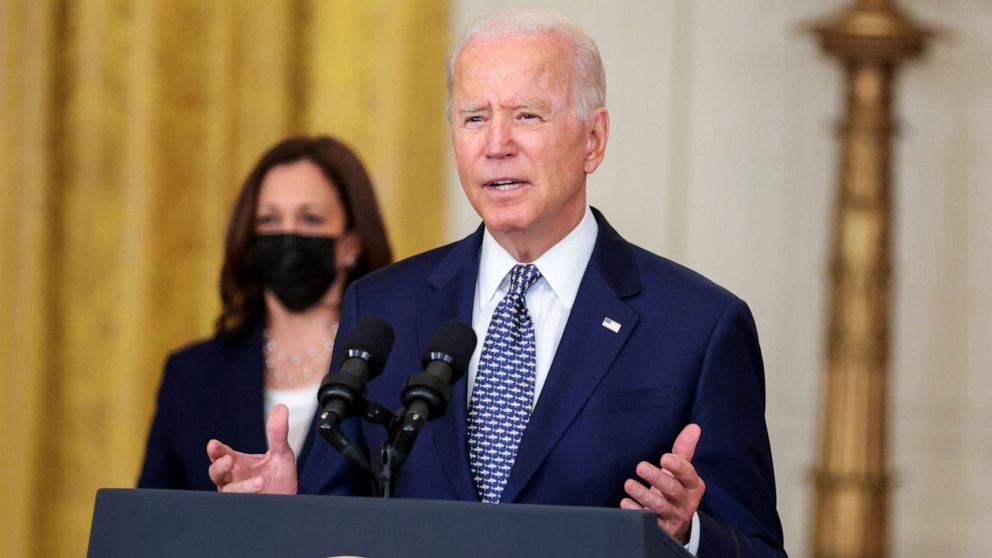 PHOTO: President Joe Biden speaks in the East Room of the White House with Vice President Kamala Harris, Washington, Aug. 10, 2021.
