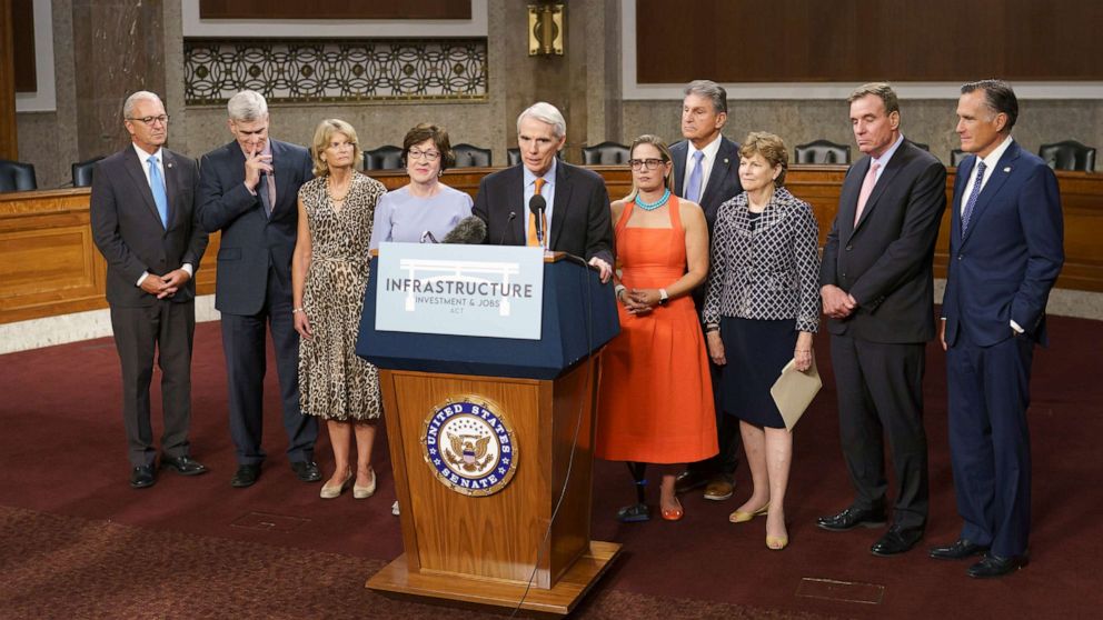 PHOTO: The bipartisan group of Senate negotiators speak to reporters just after a vote to start work on a nearly $1 trillion bipartisan infrastructure package, at the Capitol in Washington, July 28, 2021