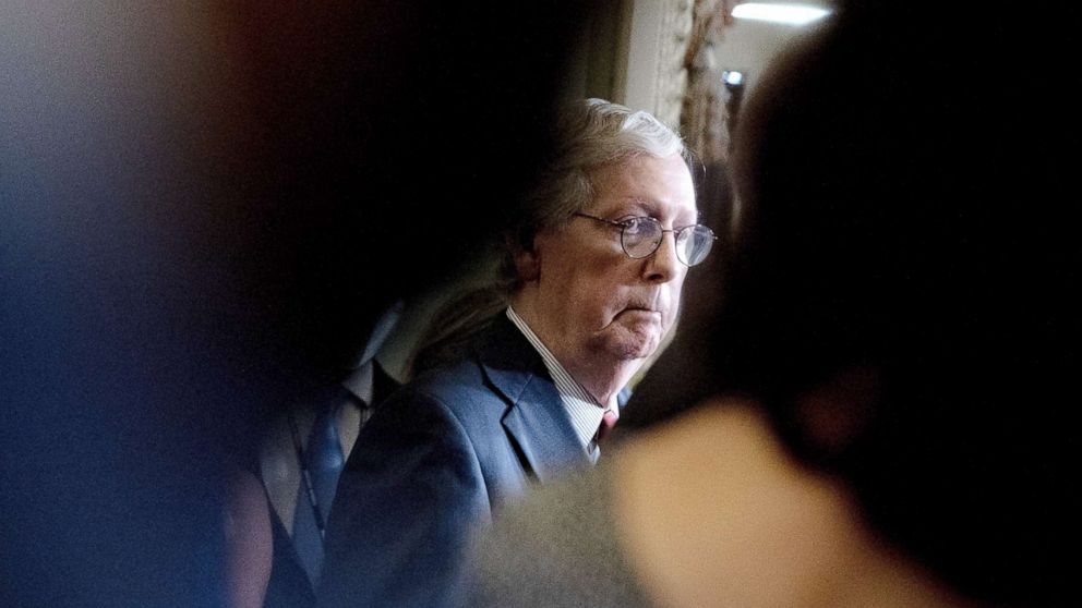 PHOTO: Senate Minority Leader Mitch McConnell attends a news conference following Senate Republican policy luncheons in Washington, Sept. 14, 2021.
