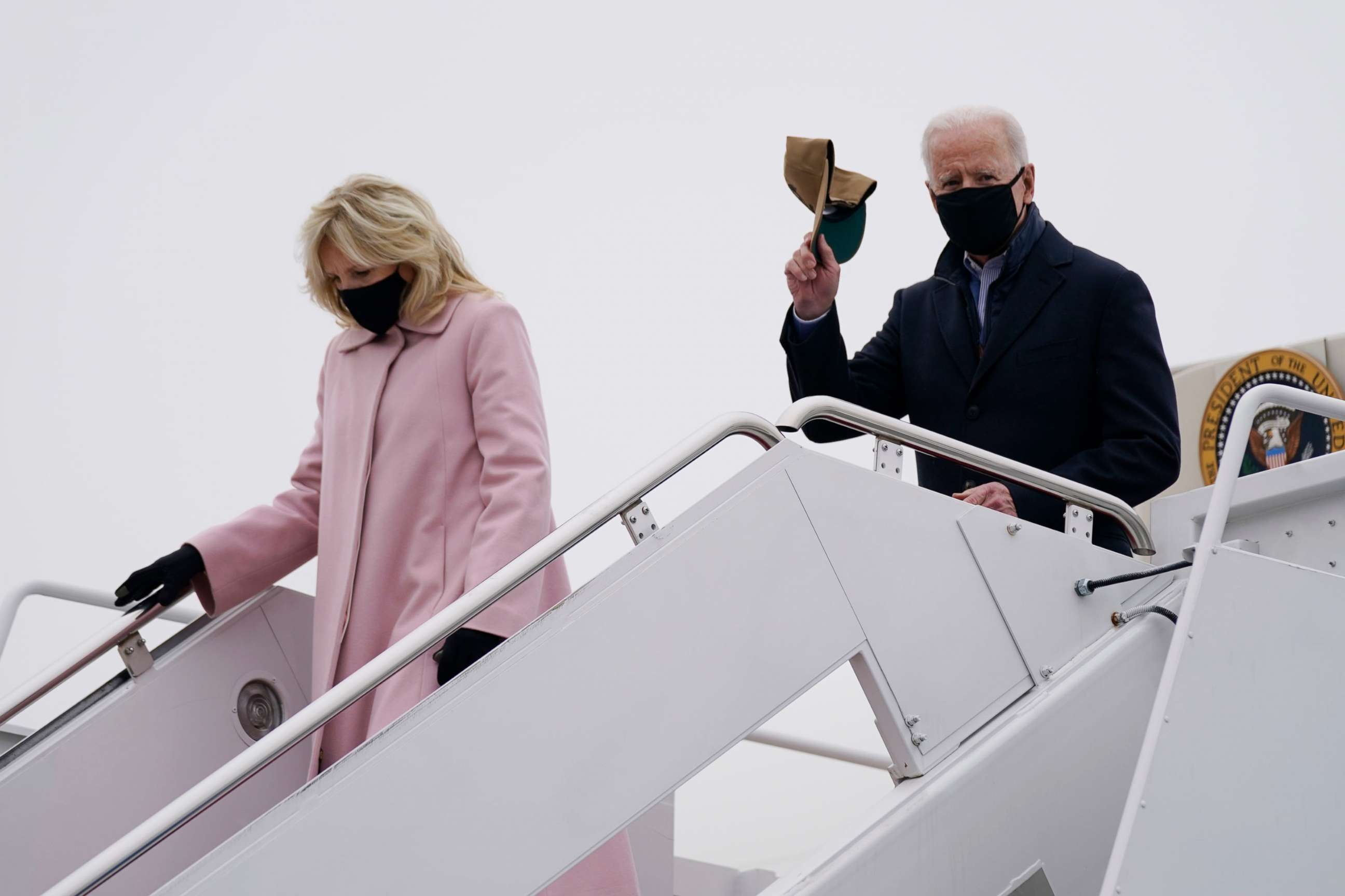 PHOTO: President Joe Biden and first lady Jill Biden arrive at Andrews Air Force Base after spending the weekend at Camp David, Feb. 15, 2021, in Andrews Air Force Base, Md.