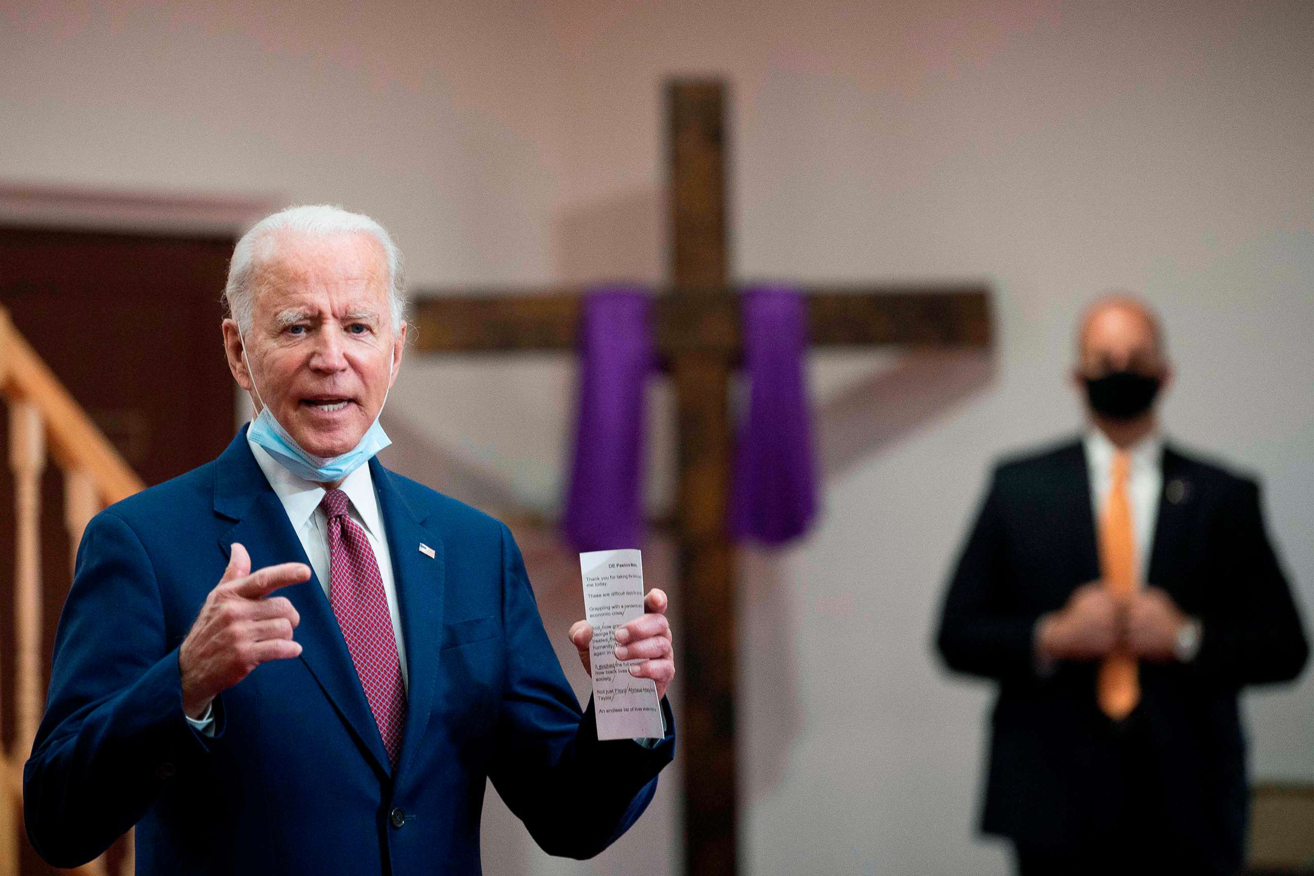 PHOTO: Former vice president and Democratic presidential candidate Joe Biden meets with clergy members and community activists during a visit to Bethel AME Church, in Wilmington, Delaware, June 1, 2020.