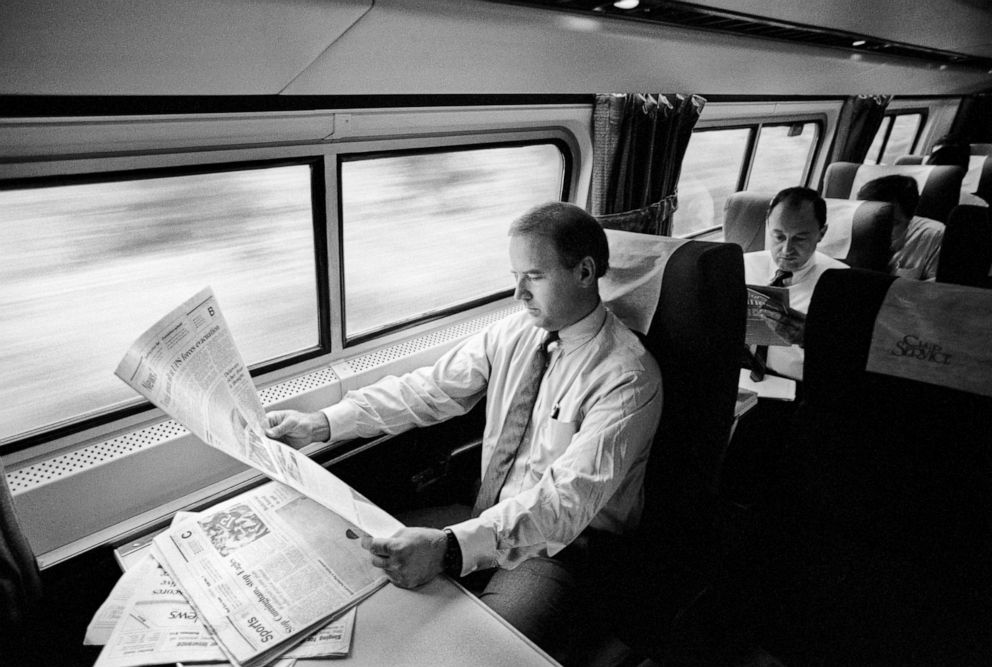PHOTO: Senator Joe Biden rides the Amtrak metro liner from Wilmington, Del. to Washington D.C., in Sept. 1988.