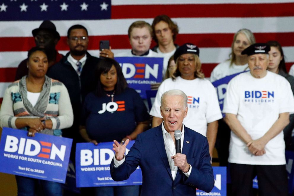 PHOTO: Democratic presidential candidate, former Vice President Joe Biden speaks at a campaign event, Feb. 24, 2020, in Charleston, S.C.