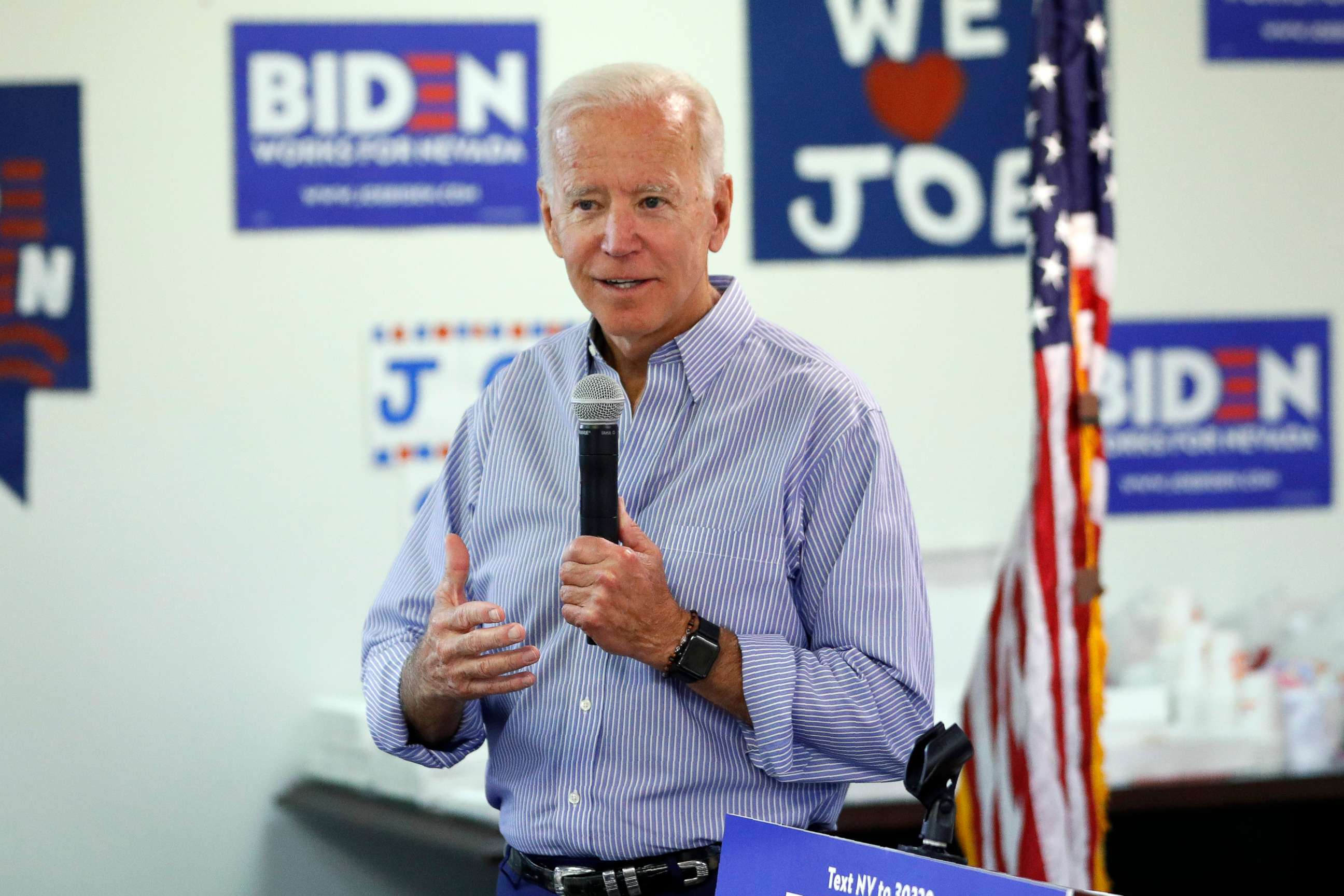 PHOTO: In this July 20, 2019, photo, former Vice President and Democratic presidential candidate Joe Biden speaks at a campaign event in an electrical workers union hall in Las Vegas.