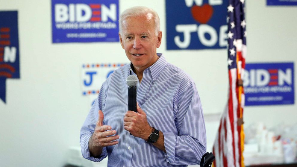 PHOTO: In this July 20, 2019, photo, former Vice President and Democratic presidential candidate Joe Biden speaks at a campaign event in an electrical workers union hall in Las Vegas.