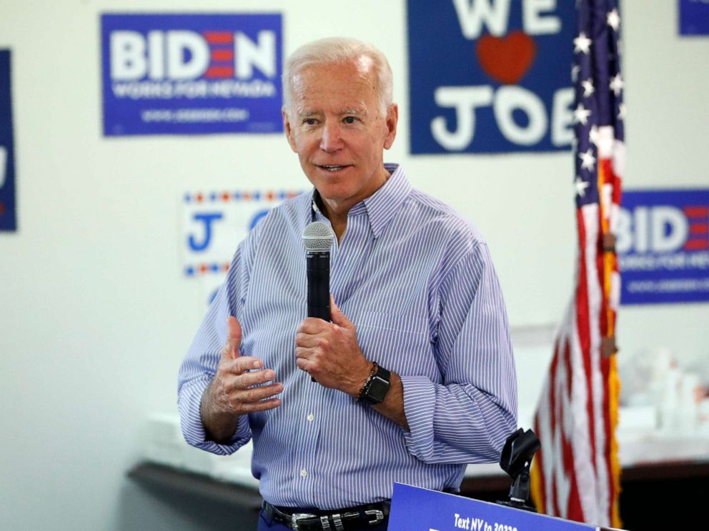 PHOTO: In this July 20, 2019, photo, former Vice President and Democratic presidential candidate Joe Biden speaks at a campaign event in an electrical workers union hall in Las Vegas.