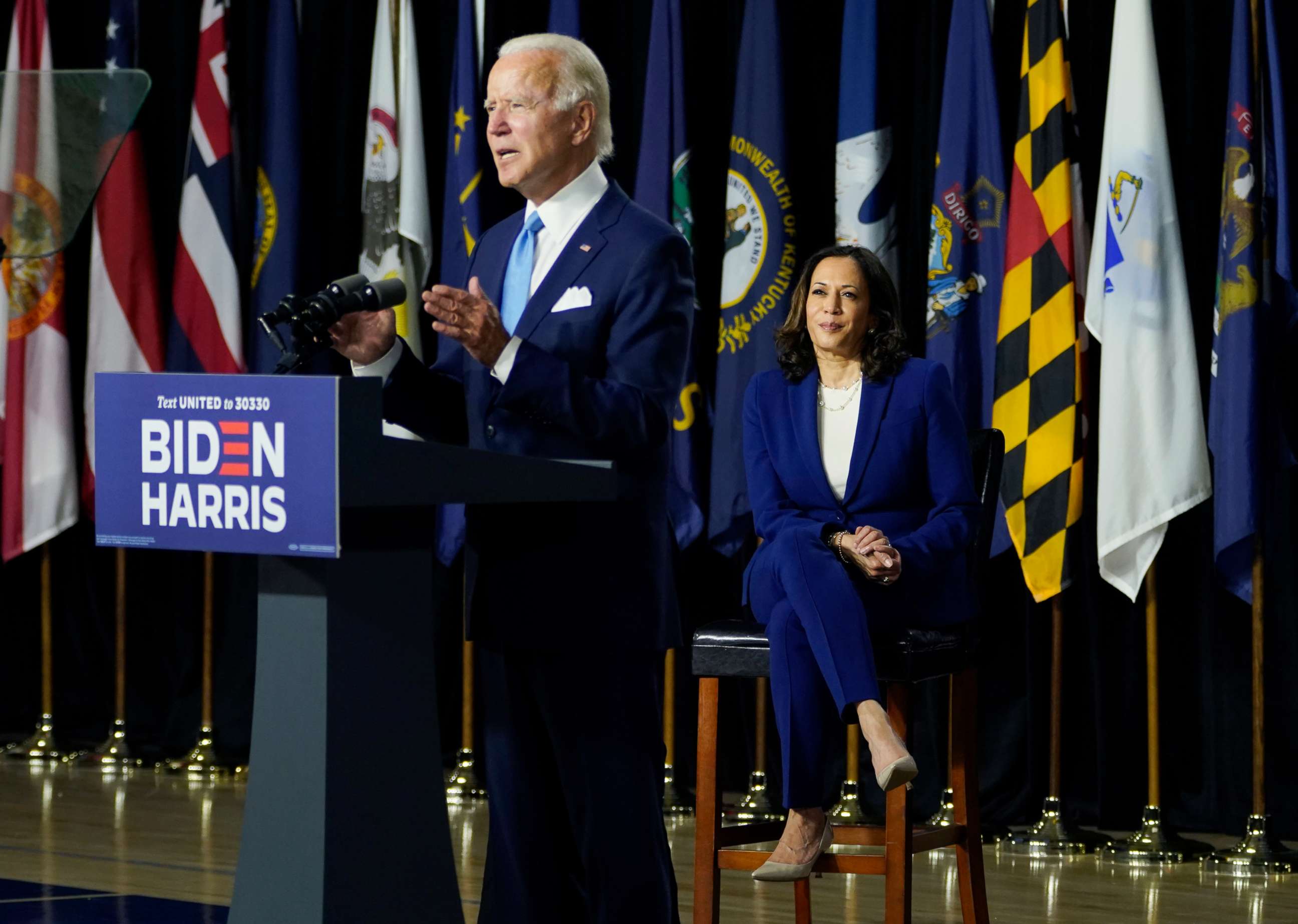 PHOTO: Democratic presidential candidate former Vice President Joe Biden, joined by his running mate Sen. Kamala Harris, D-Calif., speaks during a campaign event at Alexis Dupont High School in Wilmington, Del., Aug. 12, 2020. 