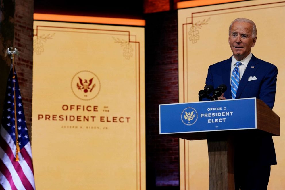PHOTO: President-elect Joe Biden speaks at The Queen theater, Nov. 25, 2020, in Wilmington, Del.