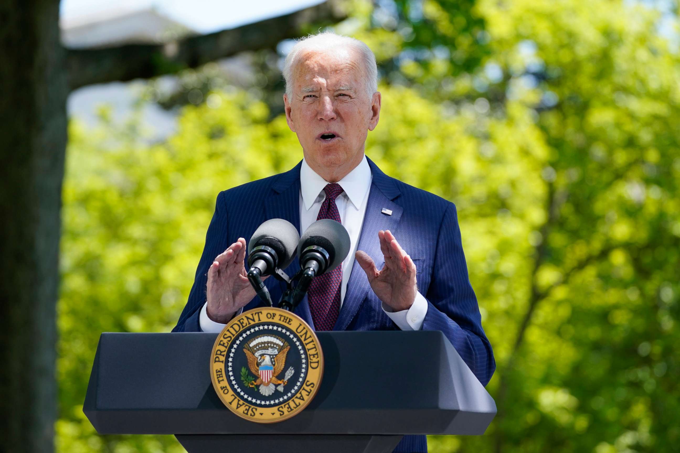 PHOTO: President Joe Biden speaks about COVID-19, on the North Lawn of the White House, on April 27, 2021, in Washington, D.C.