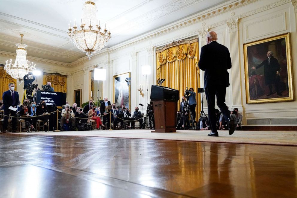 PHOTO: President Joe Biden arrives to speak about Ukraine in the East Room of the White House, on Feb. 22, 2022, in Washington, D.C.
