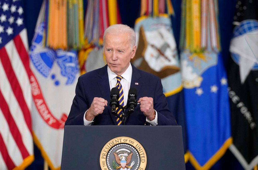 PHOTO: President Joe Biden speaks about expanding access to health care and benefits for veterans affected by military environmental exposures at the Resource Connection of Tarrant County in Fort Worth, Texas, on March 8, 2022.