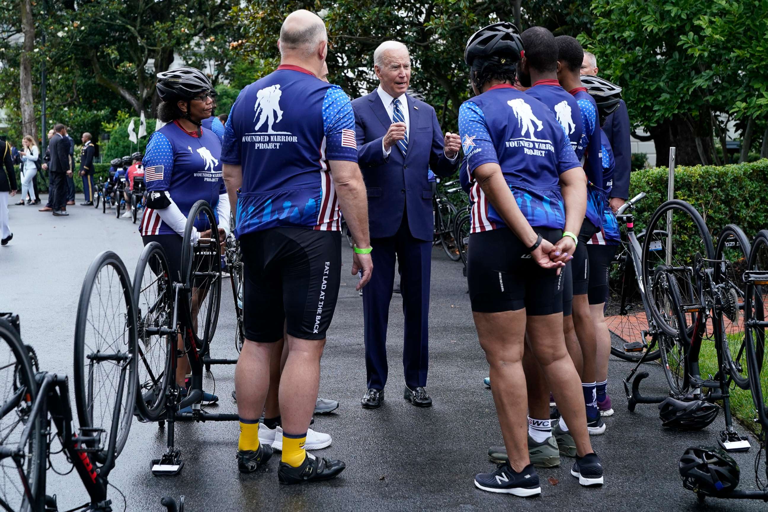 PHOTO: President Biden talks with riders in the Wounded Warrior Project Soldier Ride at the White House in Washington, June 23, 2022.