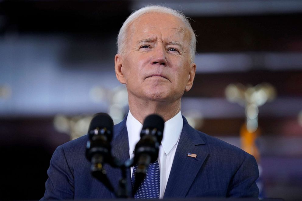 PHOTO: President Joe Biden delivers a speech, March 31, 2021, at Carpenters Pittsburgh Training Center in Pittsburgh.