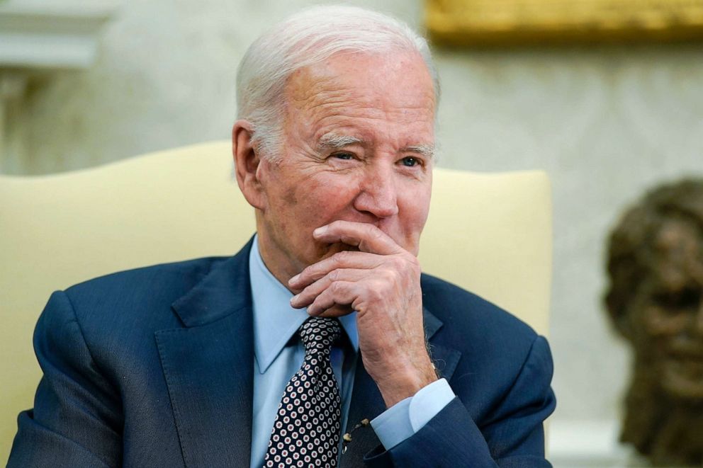 PHOTO: President Joe Biden listens as he meets with House Speaker Kevin McCarthy of Calif., to discuss the debt limit in the Oval Office of the White House, May 22, 2023.