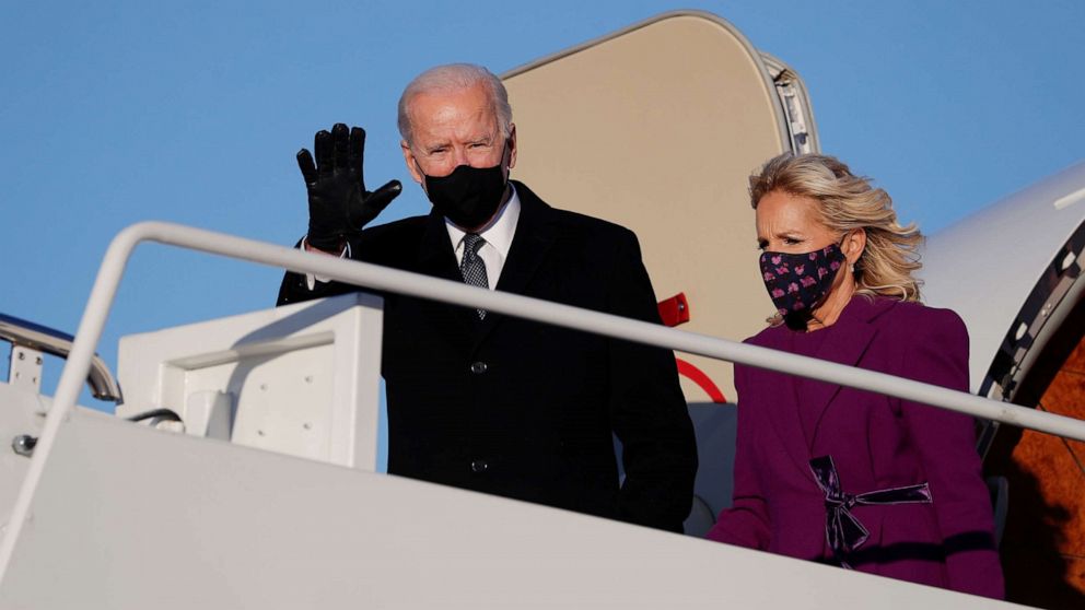 PHOTO: President-elect Joe Biden and his wife Jill disembark a plane at Joint Base Andrews in Maryland, Jan. 19, 2021, the day before his inauguration.
