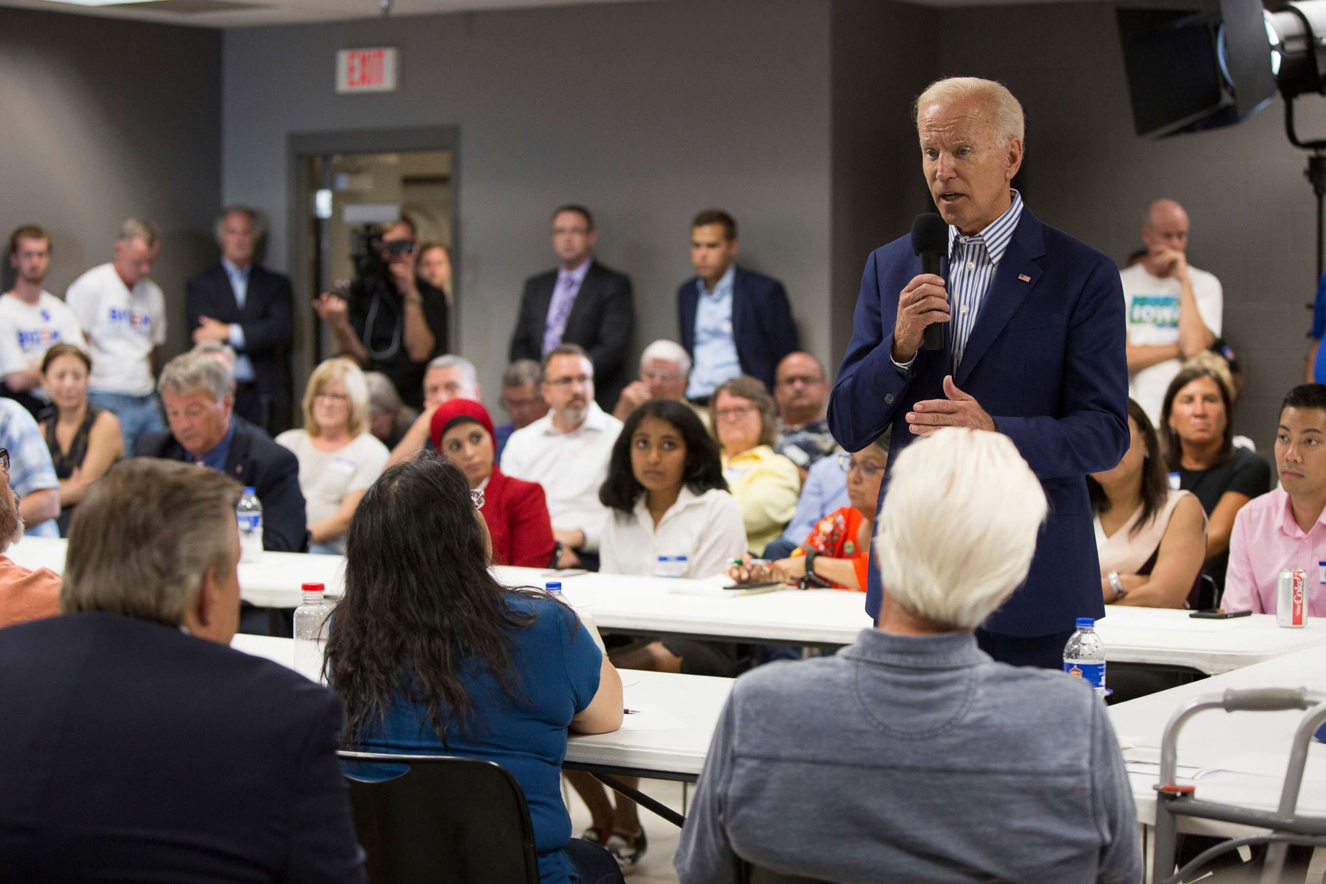 PHOTO: Democratic presidential candidate and former Vice President Joe Biden speaks at the Asian and Latino Coalition Town Hall at the Plumbers and Steamfitters Local 33 on August 8, 2019, in Des Moines, Iowa.