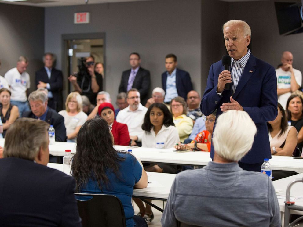 PHOTO: Democratic presidential candidate and former Vice President Joe Biden speaks at the Asian and Latino Coalition Town Hall at the Plumbers and Steamfitters Local 33 on August 8, 2019, in Des Moines, Iowa.