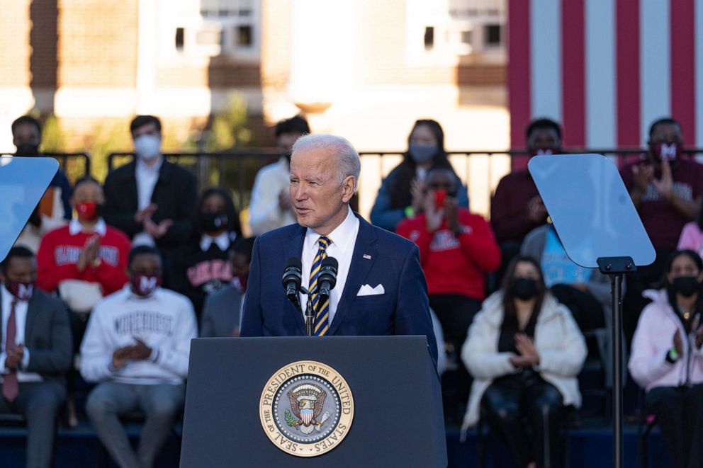 PHOTO: President Joe Biden delivers remarks on voting rights legislation at the Atlanta University Center Consortium, part of both Morehouse College and Clark Atlanta University, Jan. 11, 2022, in Atlanta. 