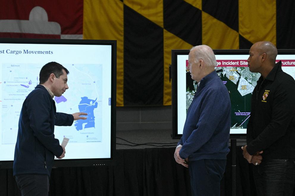 PHOTO: President Joe Biden, with Maryland Governor Wes Moore, listens to Transportation Secretary Pete Buttigieg during an operational briefing on the response and recovery efforts for the collapsed Francis Scott Key Bridge in Baltimore, on April 5, 2024.