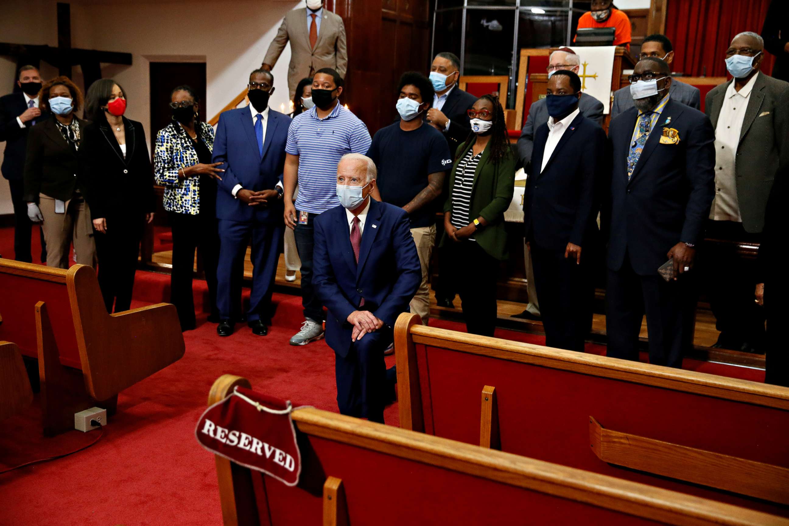 PHOTO:Democratic presidential candidate and former Vice President Joe Biden poses for a picture with Pastor of the Bethel AME Church, Rev. Dr. Silvester S. Beaman and attendees during a visit to the Bethel AME Church in Wilmington, Delaware, June 1, 2020.