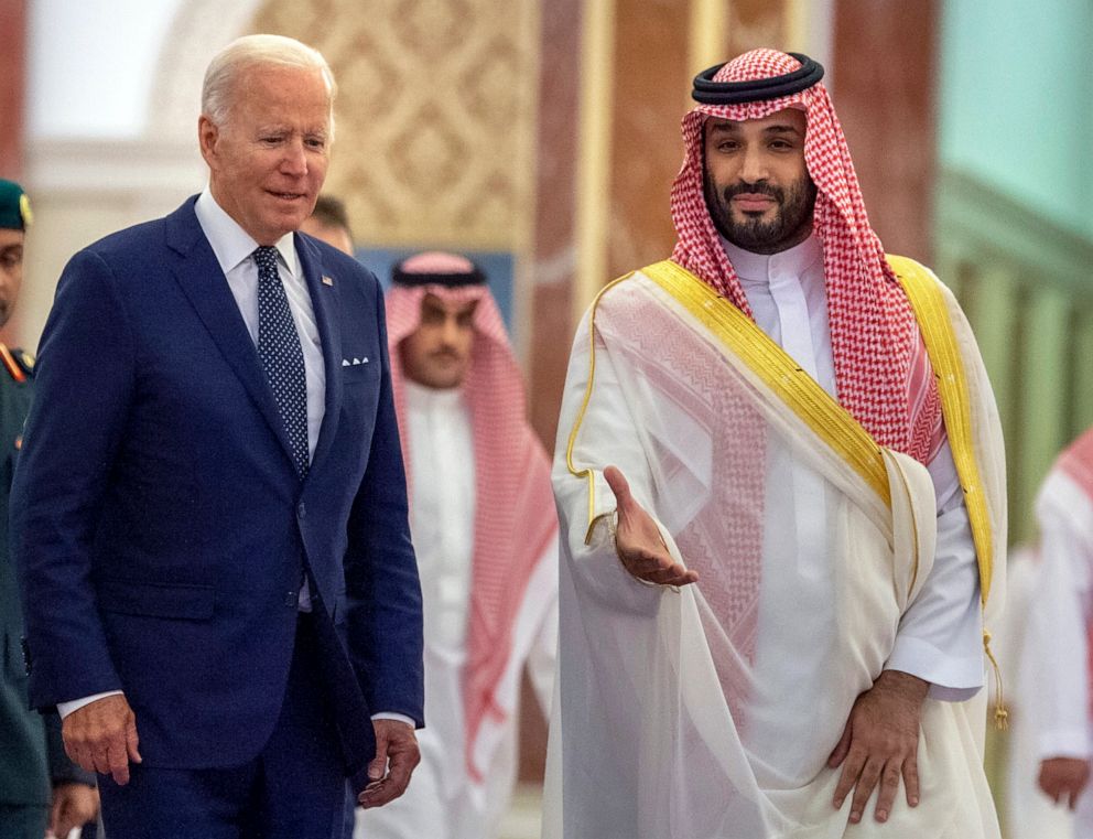 PHOTO: Saudi Crown Prince Mohammed bin Salman, right, welcomes U.S. President Joe Biden to Al-Salam Palace in Jeddah, Saudi Arabia, July 15, 2022.