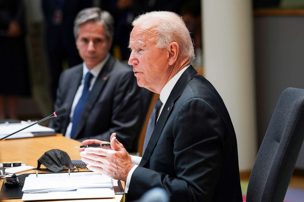 PHOTO: President Joe Biden and Secretary of State Antony Blinken attend the EU-US summit in Brussels, Belgium June 15, 2021.
