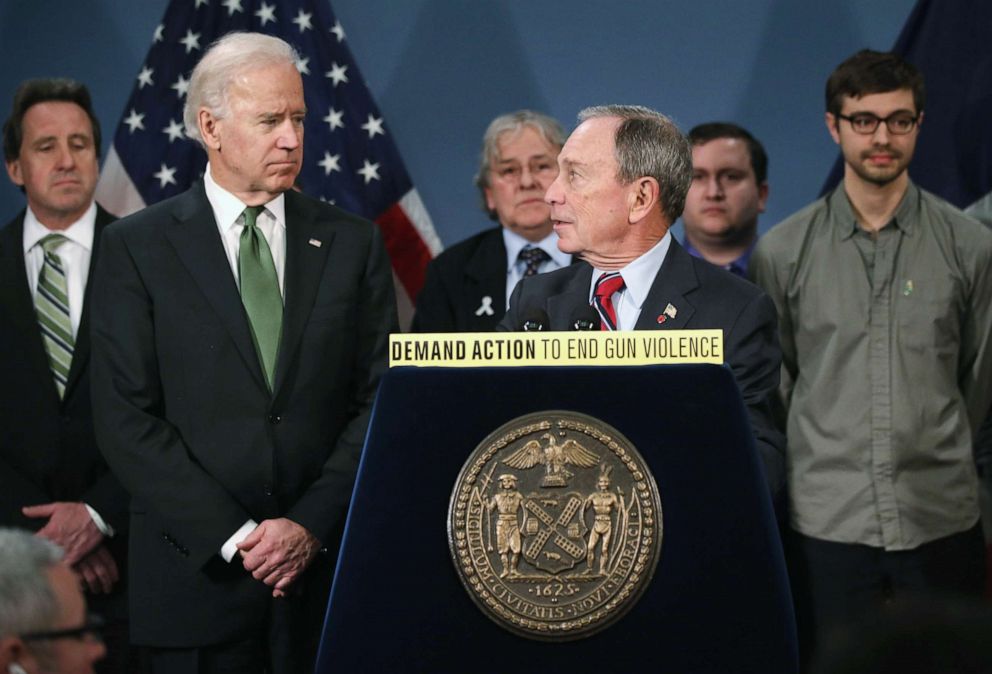 PHOTO:FILE PHOTO: New York City Mayor Michael Bloomberg speaks to Vice President Joe Biden at a press conference for gun control reform on March 21, 2013, in New York City.