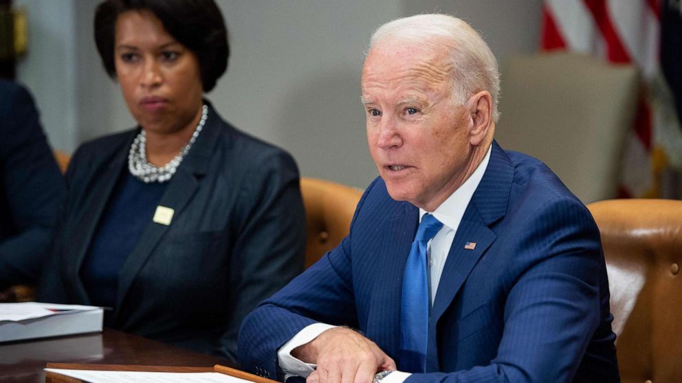 PHOTO: President Joe Biden speaks during a meeting about reducing gun violence with local leaders from around the country, including Washington, D.C., Mayor Muriel Bowser, left, in the Roosevelt Room of the White House, July 12, 2021.