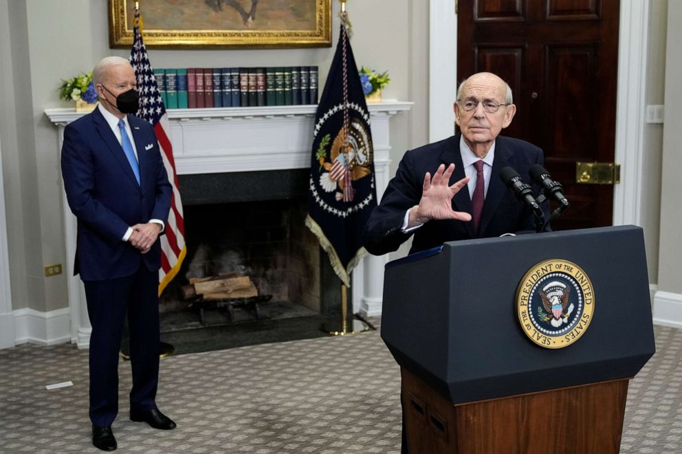 PHOTO: President Joe Biden looks on as U.S. Supreme Court Associate Justice Stephen Breyer speaks about his coming retirement in the Roosevelt Room of the White House on Jan. 27, 2022, in Washington, D.C.