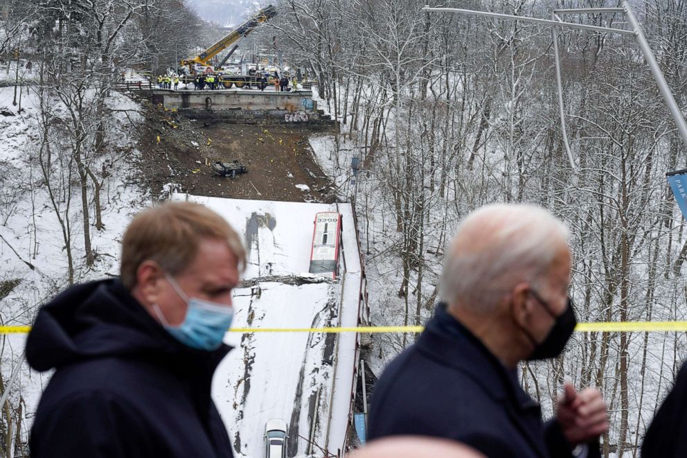 PHOTO: President Joe Biden visits the site where the Fern Hollow Bridge bridge collapsed, Jan. 28, 2022, in Pittsburgh.