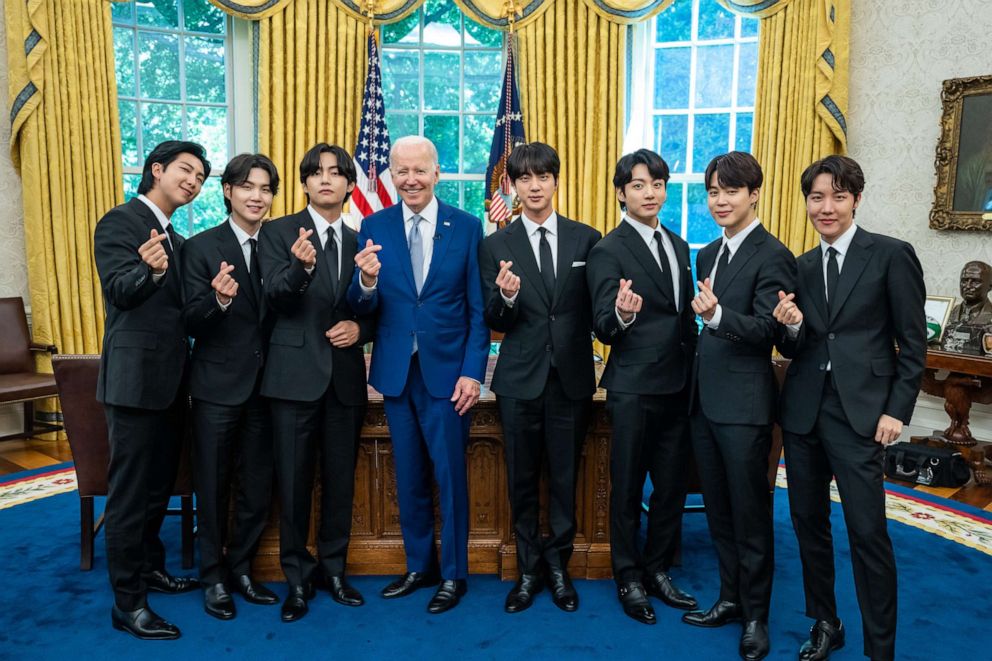 PHOTO: President Joe Biden records a digital address with the singing group BTS Tuesday, May 31, 2022, in the Oval Office of the White House.