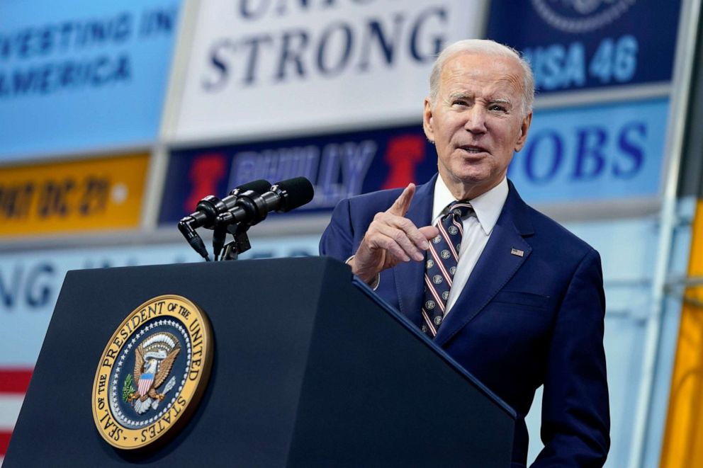 PHOTO: President Joe Biden speaks about his 2024 budget proposal at the Finishing Trades Institute, March 9, 2023, in Philadelphia.