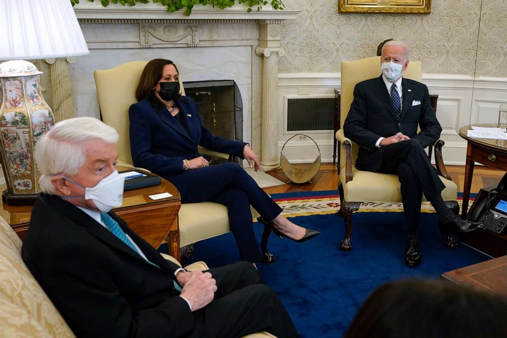PHOTO: President Joe Biden, accompanied by Vice President Kamala Harris and Treasury Secretary Janet Yellen, meets with business leaders to discuss a coronavirus relief package in the Oval Office of the White House, Feb. 9, 2021, in Washington.