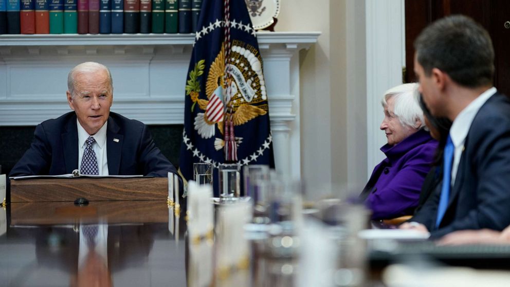 PHOTO: President Joe Biden speaks during a meeting with his "Investing in America Cabinet," at the White House, Friday, May 5, 2023, in Washington. Treasury Secretary Janet Yellen and Transportation Secretary Pete Buttigieg, right, listen.