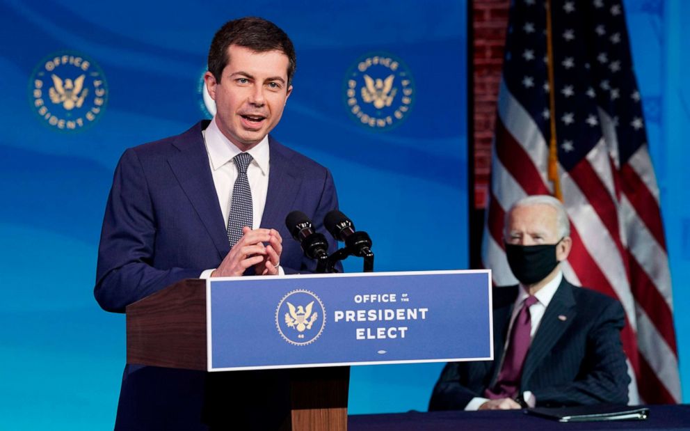 PHOTO: Former South Bend, Indiana Mayor Pete Buttigieg, President-elect Joe Biden's nominee to be secretary of transportation, speaks during a news conference at Biden's transition headquarters in Wilmington, Del., Dec. 16, 2020.