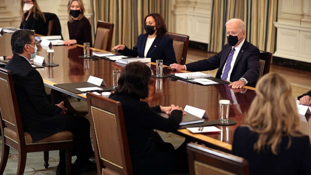 PHOTO: President Joe Biden and Vice President Kamala Harris meet with cabinet members and immigration advisors in the State Dining Room, March 24, 2021, in Washington, DC.