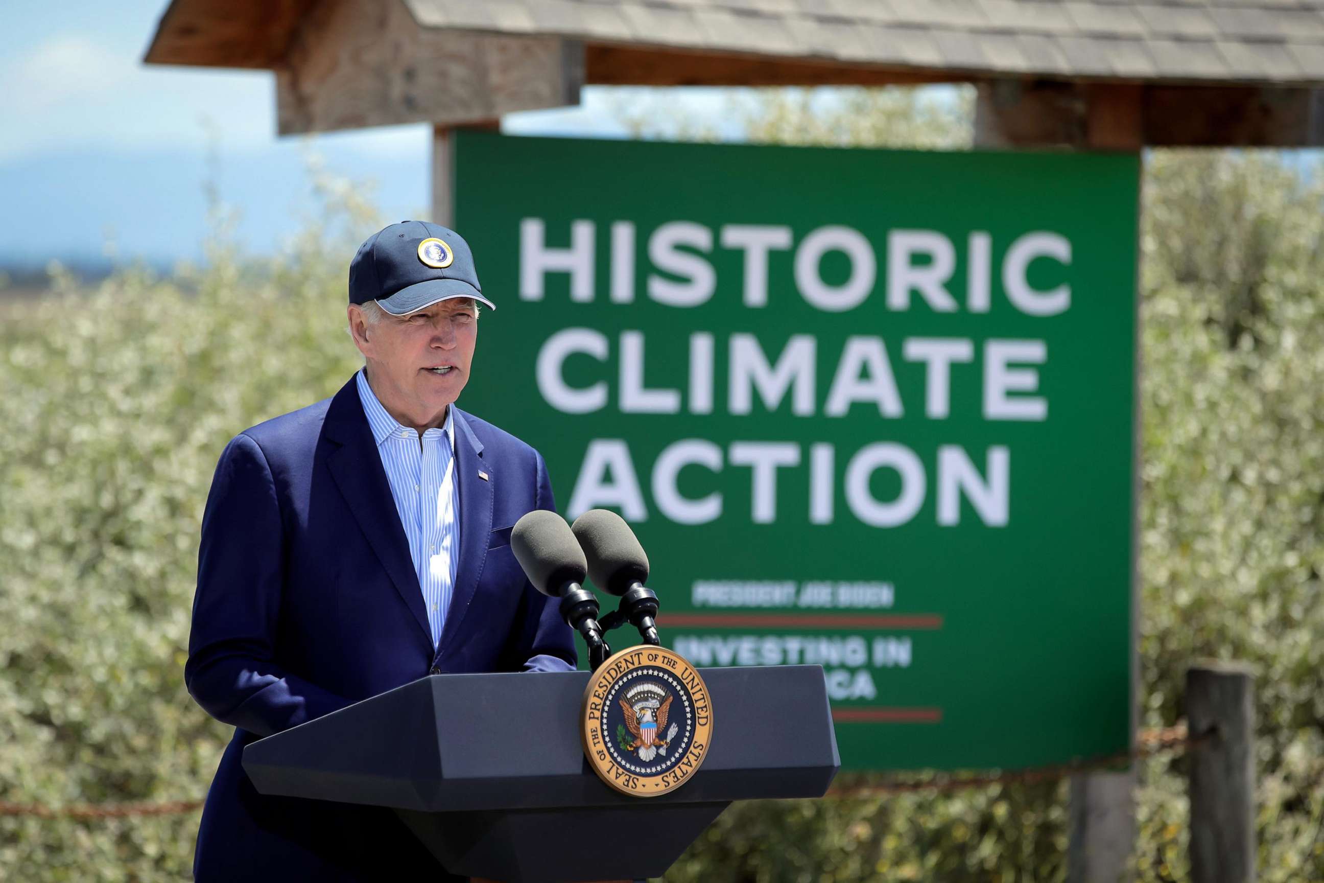 PHOTO: President Joe Biden gives remarks after he visited the Lucy Evans Baylands Nature Interpretive Center and Preserve with local leaders in Palo Alto, Calif., on June 19, 2023.