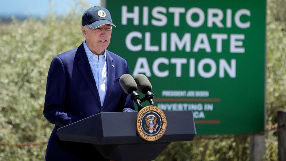 PHOTO: President Joe Biden gives remarks after he visited the Lucy Evans Baylands Nature Interpretive Center and Preserve with local leaders in Palo Alto, Calif., on June 19, 2023.