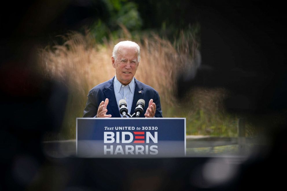 PHOTO: Democratic presidential nominee Joe Biden speaks about climate change and the wildfires on the West Coast a the Delaware Museum of Natural History
on Sept. 14, 2020 in Wilmington, Delaware. 
