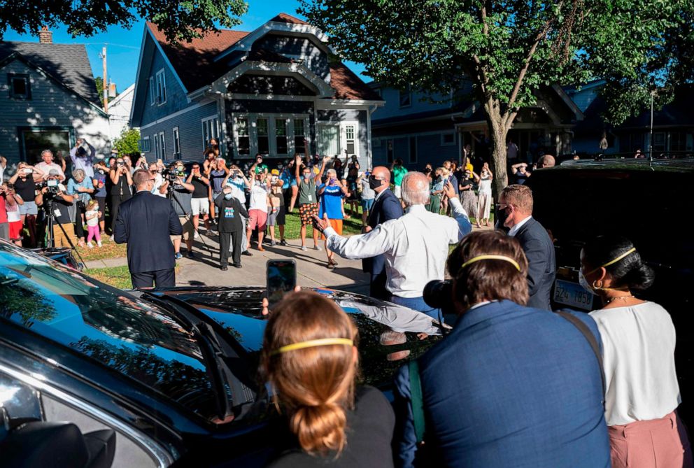 PHOTO: Democratic presidential candidate Joe Biden waves to supporters as he departs an event in Wauwatosa, Wisc., on Sept. 3, 2020.