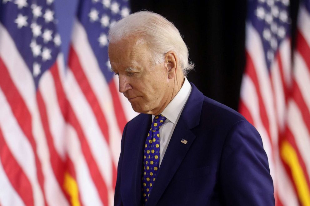 PHOTO: Democratic presidential candidate and former Vice President Joe Biden departs after speaking about his plans to combat racial inequality at a campaign event in Wilmington, Del., July 28, 2020.