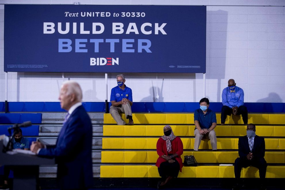 PHOTO: In this July 28, 2020, file photo Democratic presidential candidate former Vice President Joe Biden speaks at a campaign event at the William "Hicks" Anderson Community Center in Wilmington, Del.