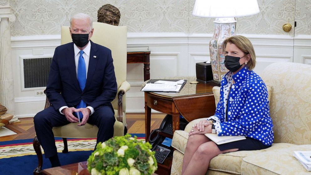 PHOTO: President Joe Biden and Senator Shelley Capito sit in the Oval Office during an infrastructure meeting at the White House, May 13, 2021.