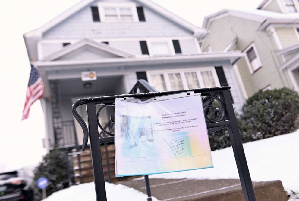 PHOTO: A welcoming sign posted in front of 2446 N. Washington Ave. where President Joe Biden spent the first ten years of his Life, confirms and shares details of it's history on Jan. 20, 2021 in Scranton, Pa. 