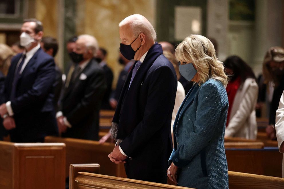 PHOTO: President-elect Joe Biden and Dr. Jill Biden attend services at the Cathedral of St. Matthew the Apostle with Congressional leaders prior the 59th Presidential Inauguration ceremony on Jan. 20, 2021 in Washington, DC.